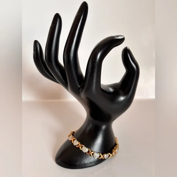 PAJ BR Gold & Silver  Tone Heart Tennis Charm Bracelet Metal Box Clasp - Picture 2 of 9